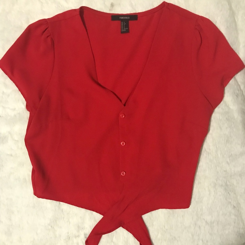 Red Knotted Button Front Crop Top